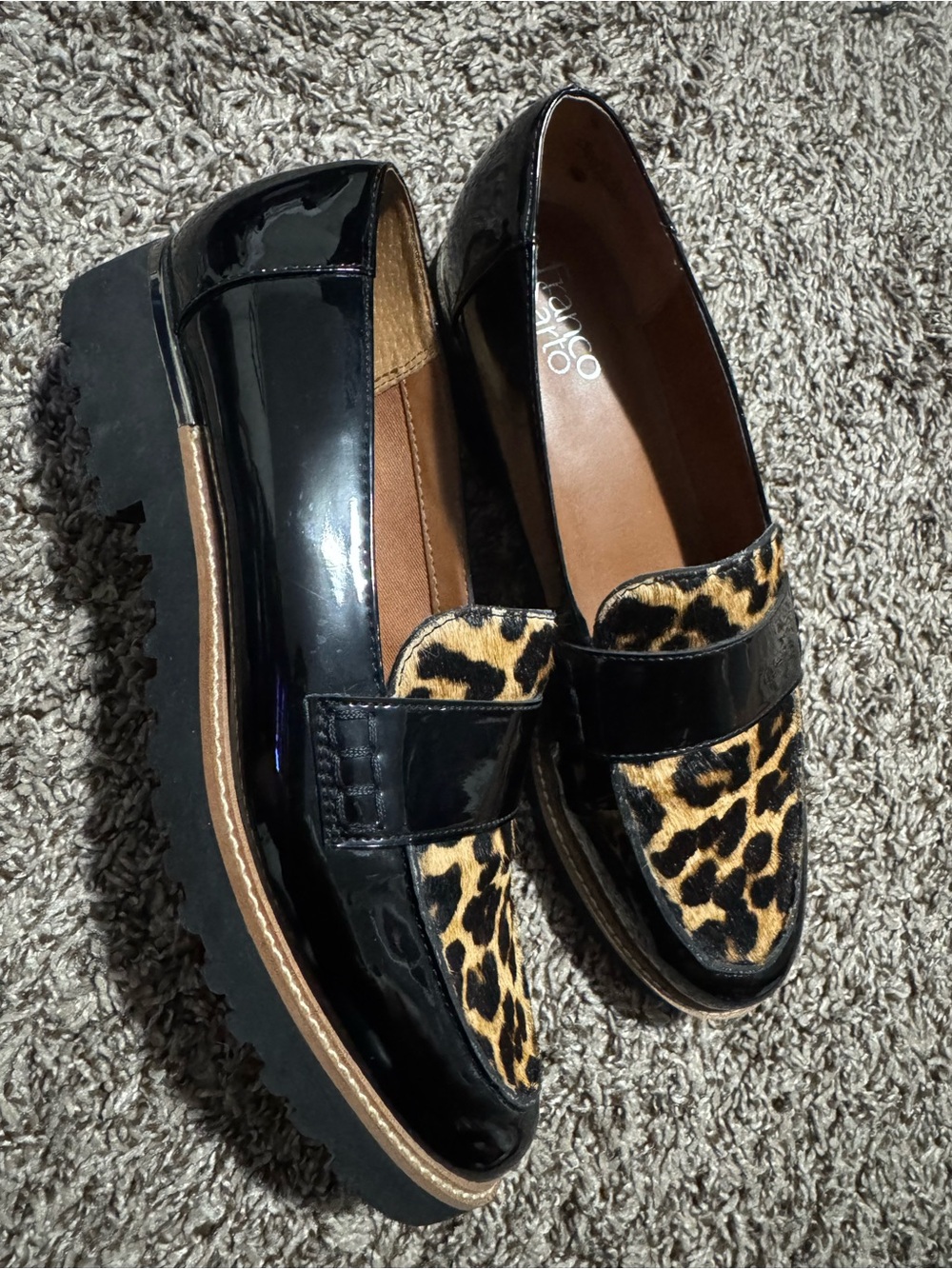 Franco Sarto Black Patent Loafers with Leopard Print